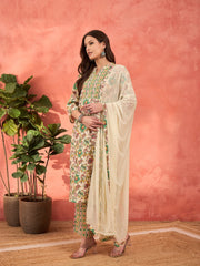 Women White Multi Floral Straight Kurta With Pencil Pants & Dupatta