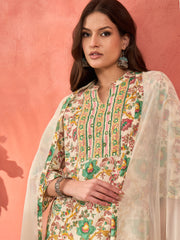 Women White Multi Floral Straight Kurta With Pencil Pants & Dupatta