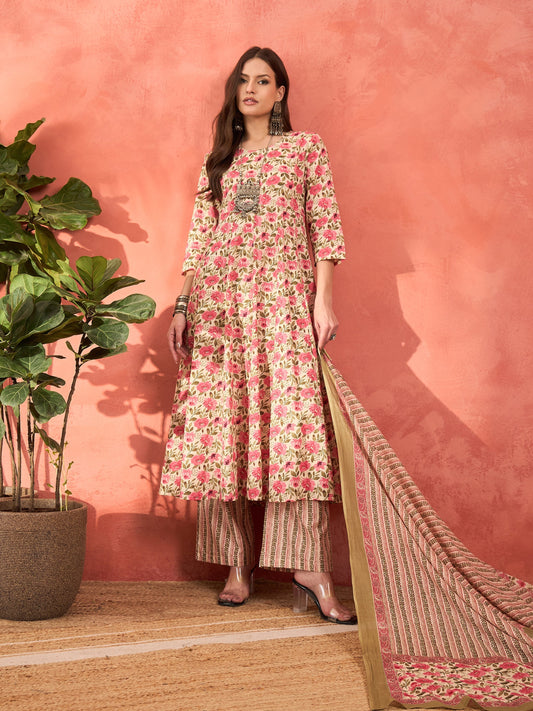 Women Off White & Pink Floral Anarkali Kurta With Pencil Pants & Dupatta