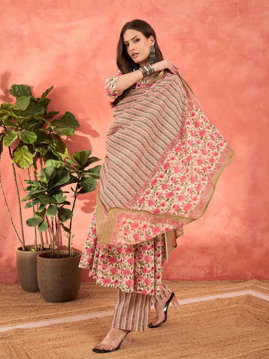 Women Off White & Pink Floral Anarkali Kurta With Pencil Pants & Dupatta