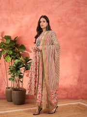 Women Off White & Pink Floral Anarkali Kurta With Pencil Pants & Dupatta