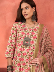 Women Off White & Pink Floral Anarkali Kurta With Pencil Pants & Dupatta