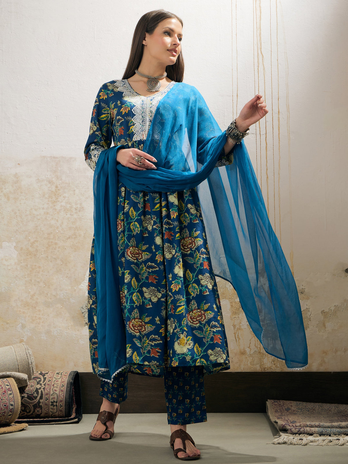Women Navy Floral Gathered Kurta With Pencil Pants & Dupatta