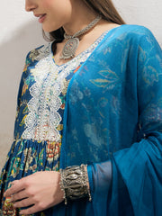 Women Navy Floral Gathered Kurta With Pencil Pants & Dupatta