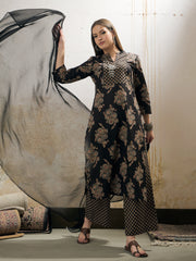 Women Black Floral Straight Kurta With Pencil Pants & Dupatta
