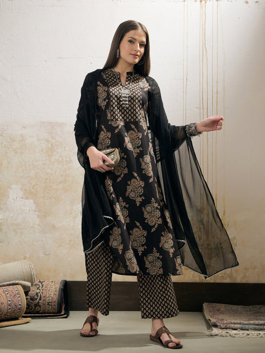 Women Black Floral Straight Kurta With Pencil Pants & Dupatta