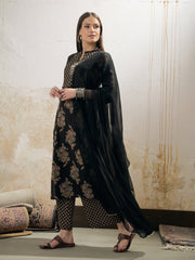Women Black Floral Straight Kurta With Pencil Pants & Dupatta