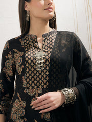 Women Black Floral Straight Kurta With Pencil Pants & Dupatta