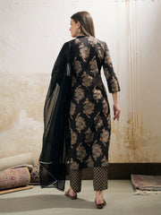 Women Black Floral Straight Kurta With Pencil Pants & Dupatta