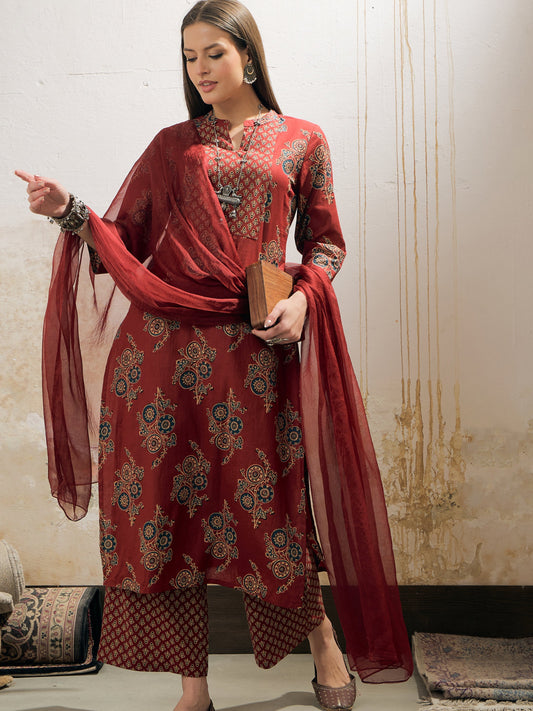 Women Maroon Floral Straight Kurta With Pencil Pants & Dupatta