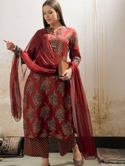 Women Maroon Floral Straight Kurta With Pencil Pants & Dupatta