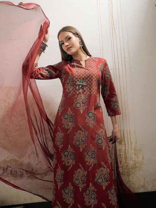 Women Maroon Floral Straight Kurta With Pencil Pants & Dupatta