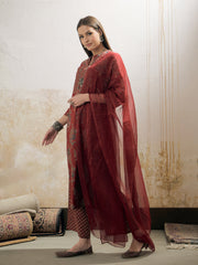Women Maroon Floral Straight Kurta With Pencil Pants & Dupatta