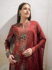 Women Maroon Floral Straight Kurta With Pencil Pants & Dupatta