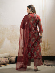 Women Maroon Floral Straight Kurta With Pencil Pants & Dupatta