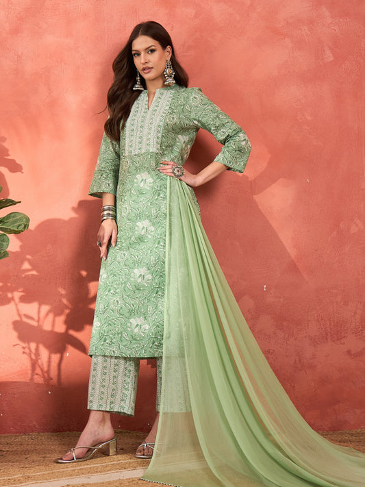 Women Sea Green Floral Straight Kurta With Pencil Pants & Dupatta