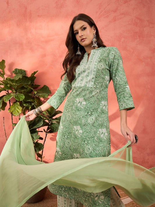 Women Sea Green Floral Straight Kurta With Pencil Pants & Dupatta