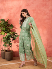 Women Sea Green Floral Straight Kurta With Pencil Pants & Dupatta