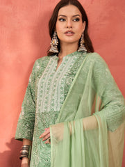 Women Sea Green Floral Straight Kurta With Pencil Pants & Dupatta