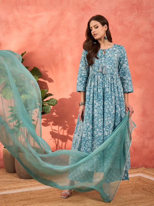 Women Blue Floral Front Dori Gathered Kurta With Pencil Pants & Dupatta
