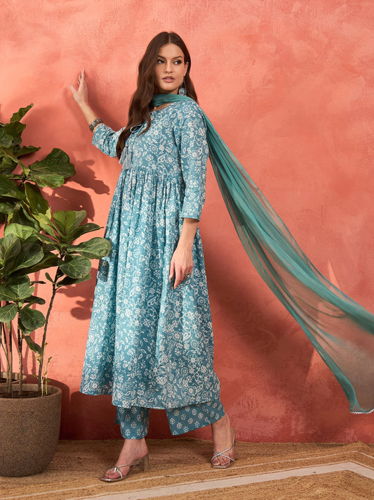 Women Blue Floral Front Dori Gathered Kurta With Pencil Pants & Dupatta
