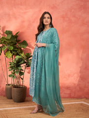 Women Blue Floral Front Dori Gathered Kurta With Pencil Pants & Dupatta