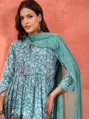 Women Blue Floral Front Dori Gathered Kurta With Pencil Pants & Dupatta