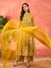 Women Yellow Floral Front Dori Gathered Kurta With Pencil Pants & Dupatta