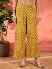 Women Yellow Floral Front Dori Gathered Kurta With Pencil Pants & Dupatta