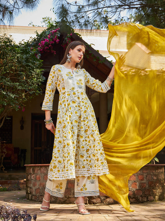 Women Off White & Yellow Floral Anarkali Kurta With Pencil Pants & Dupatta