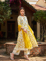 Women Off White & Yellow Floral Anarkali Kurta With Pencil Pants & Dupatta
