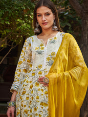 Women Off White & Yellow Floral Anarkali Kurta With Pencil Pants & Dupatta