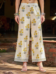 Women Off White & Yellow Floral Anarkali Kurta With Pencil Pants & Dupatta