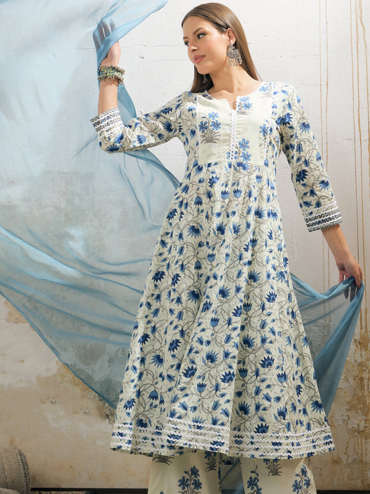 Women Off White & Blue Floral Anarkali Kurta With Pencil Pants & Dupatta