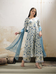 Women Off White & Blue Floral Anarkali Kurta With Pencil Pants & Dupatta