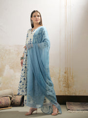 Women Off White & Blue Floral Anarkali Kurta With Pencil Pants & Dupatta