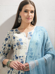 Women Off White & Blue Floral Anarkali Kurta With Pencil Pants & Dupatta