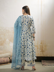 Women Off White & Blue Floral Anarkali Kurta With Pencil Pants & Dupatta