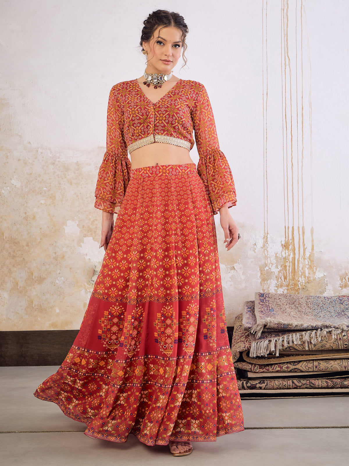 Women Maroon Floral Frill Sleeves Crop Top With Anarkali Skirt