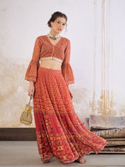 Women Maroon Floral Frill Sleeves Crop Top With Anarkali Skirt