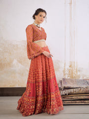 Women Maroon Floral Frill Sleeves Crop Top With Anarkali Skirt