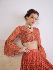 Women Maroon Floral Frill Sleeves Crop Top With Anarkali Skirt
