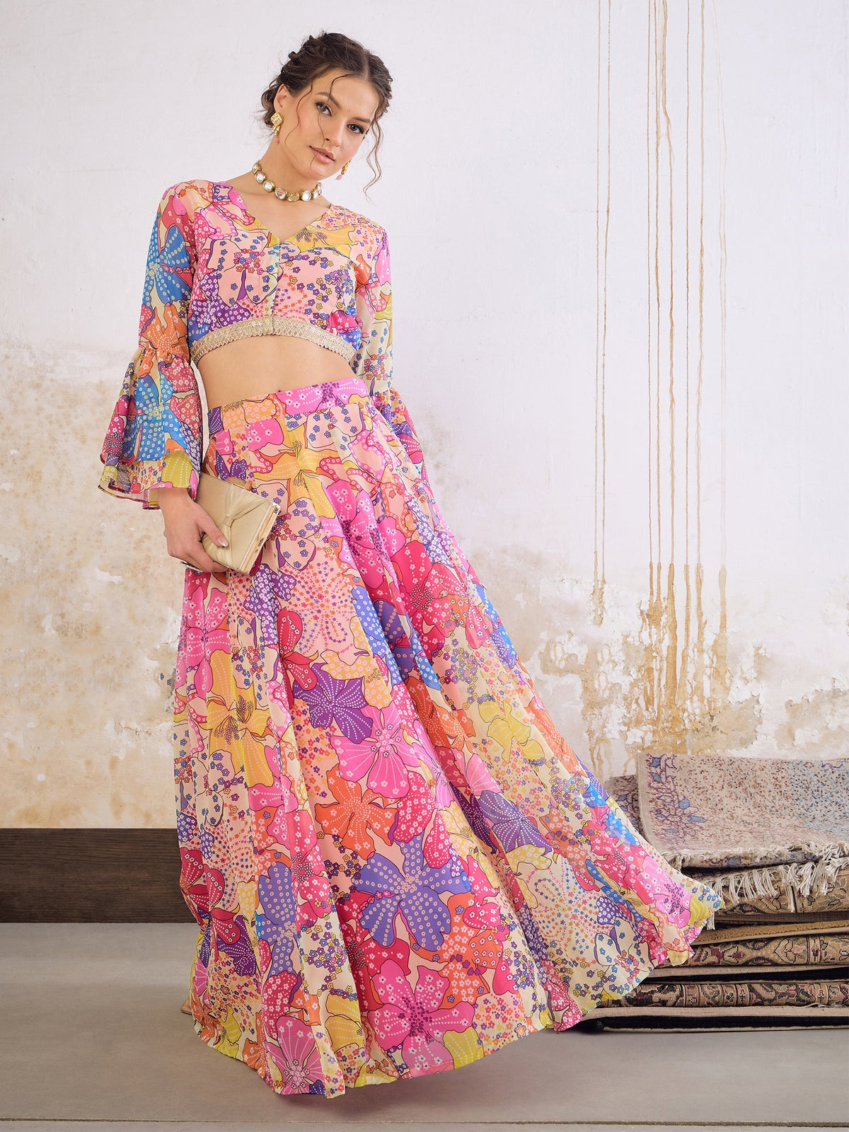 Women Pink Floral Frill Sleeves Crop Top With Anarkali Skirt