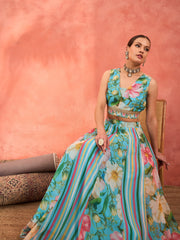 Women Aqua Blue Floral Sleeveless Crop Top With Anarkali Skirt