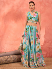 Women Aqua Blue Floral Sleeveless Crop Top With Anarkali Skirt