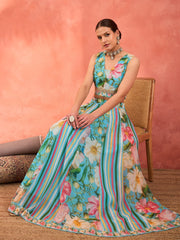 Women Aqua Blue Floral Sleeveless Crop Top With Anarkali Skirt