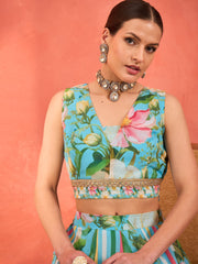Women Aqua Blue Floral Sleeveless Crop Top With Anarkali Skirt