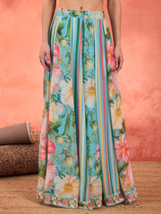 Women Aqua Blue Floral Sleeveless Crop Top With Anarkali Skirt