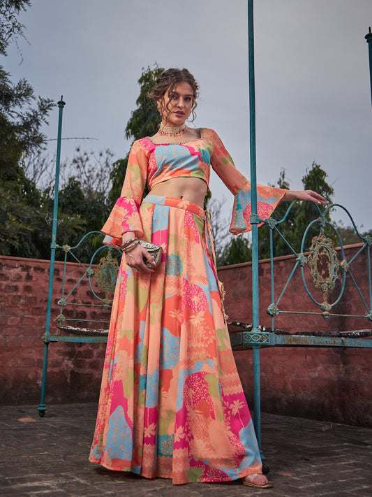 Women Orange Tie & dye Crop Top With Anarkali Skirt