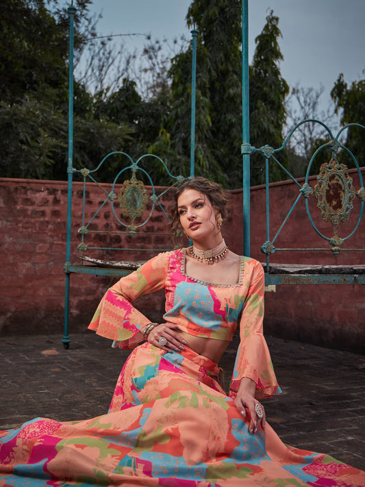 Women Orange Tie & dye Crop Top With Anarkali Skirt